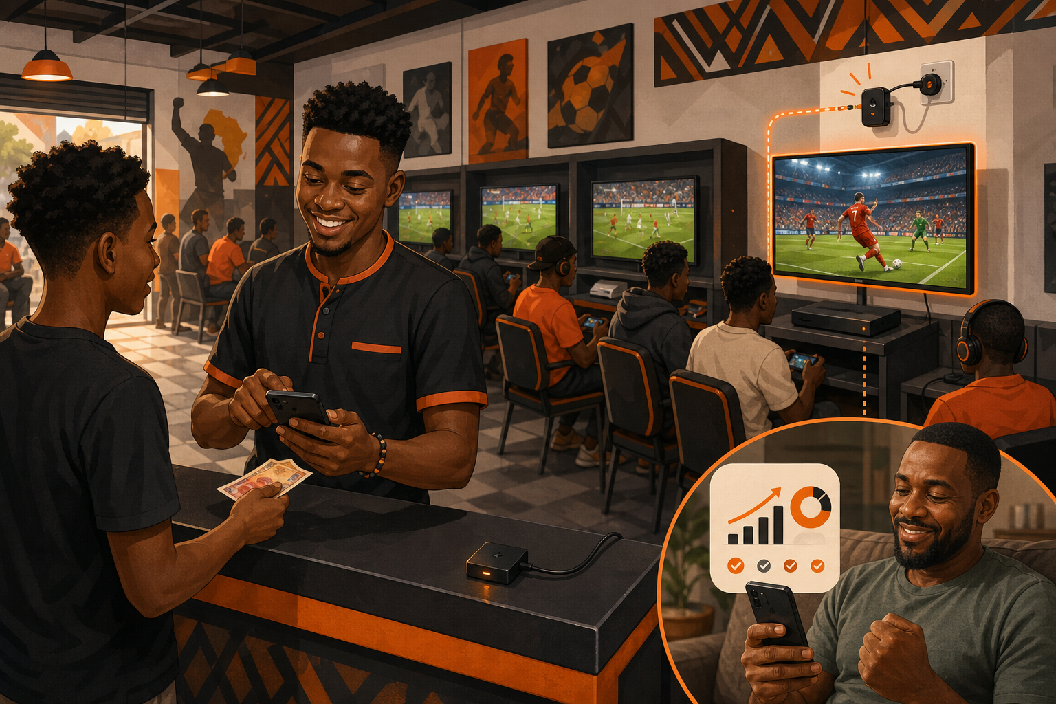 Cartoon illustration of an attendant starting a timed gaming session while the owner receives the revenue record remotely