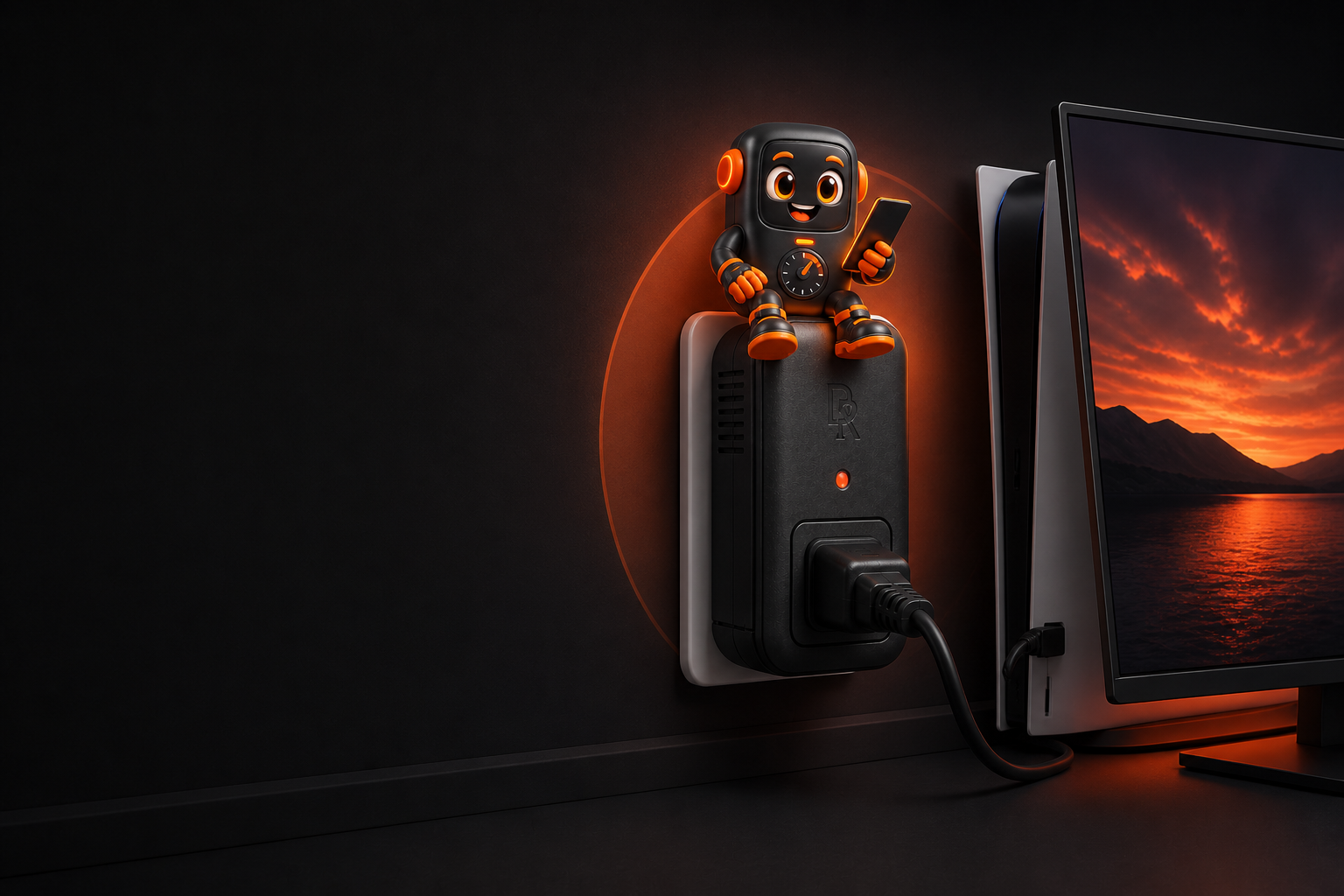The DRGateway plugged into a wall socket and connected to a forward-facing gaming screen while its mascot sits on top using a phone
