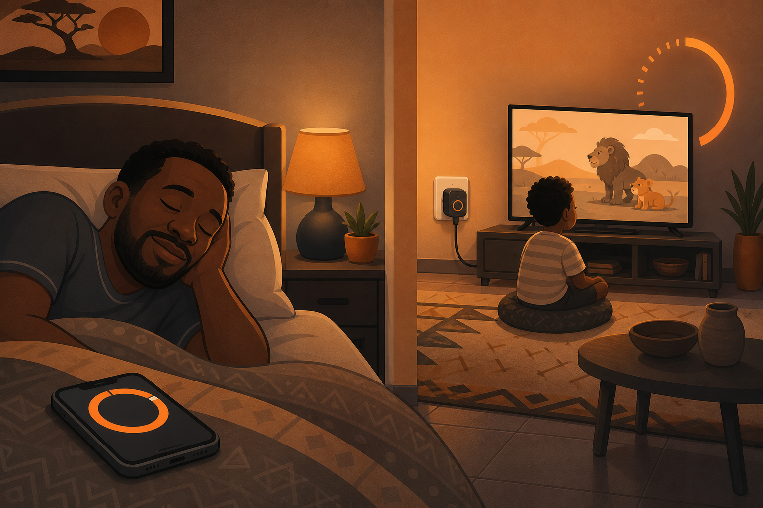 Cartoon illustration of a parent sleeping peacefully while a DRGateway TV timer manages a child's viewing time