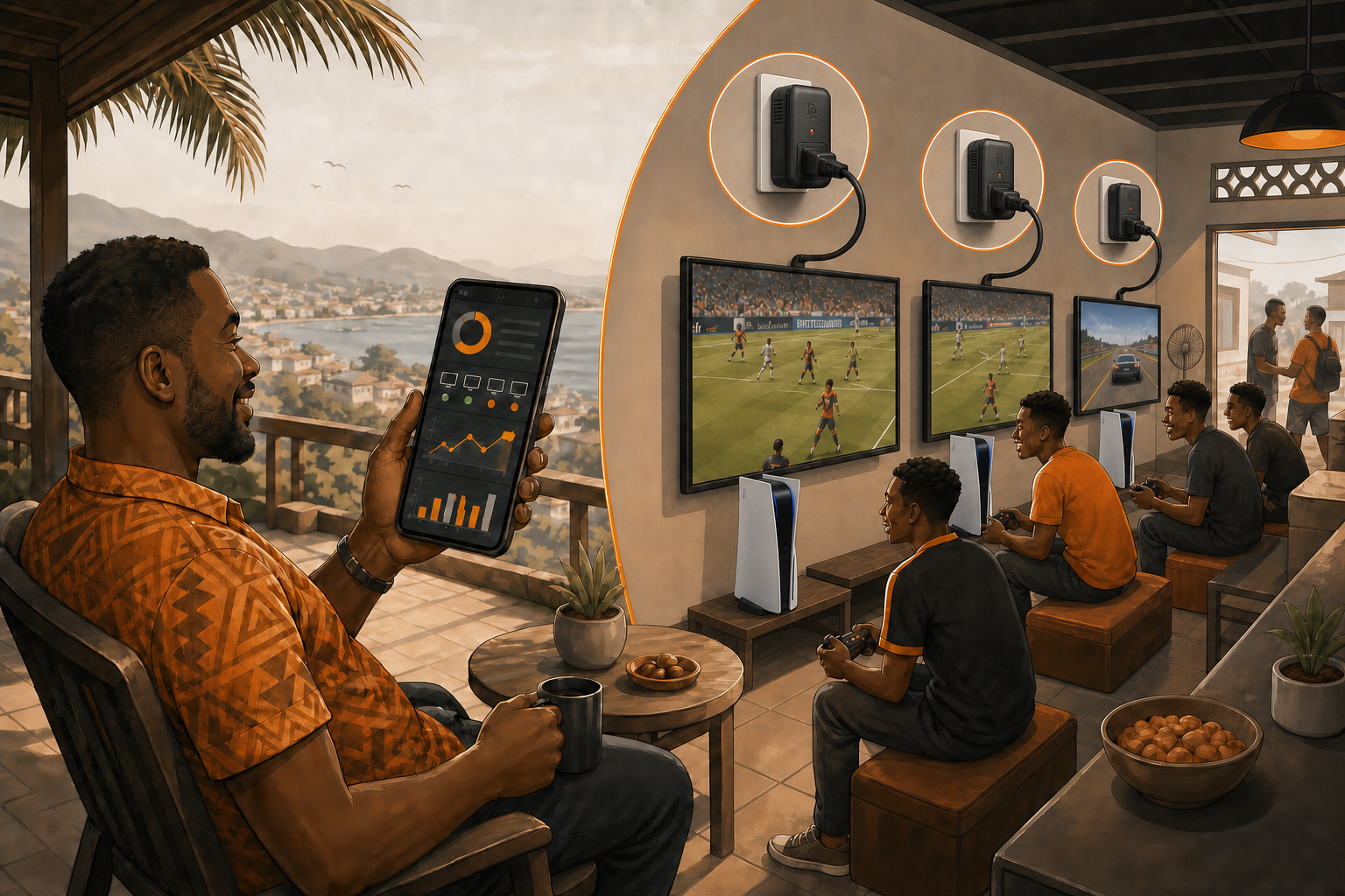 A relaxed gaming-parlour owner on holiday reviewing customers playing on upright PlayStation 5 consoles from his phone