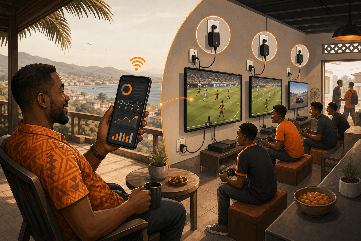 Cartoon illustration of a game-station owner monitoring active screens and revenue remotely on a phone